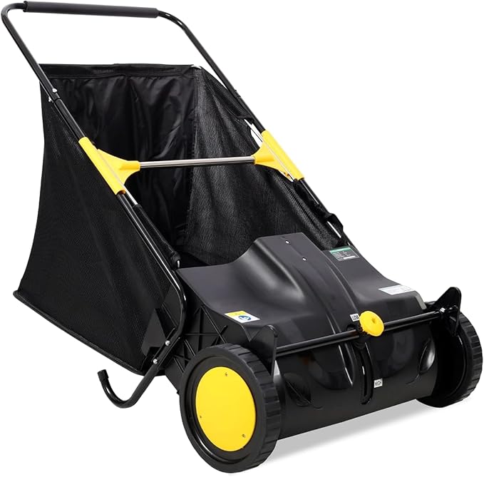 21" Hand-Push Lawn Sweeper | 4 Heavy-Duty Brushes & Wheels, Adjustable Height, 3.5 FT Large Hopper | for Efficient Leaf and Grass Collection in Lawns, Yards, Gardens (Black+21 Ihch)