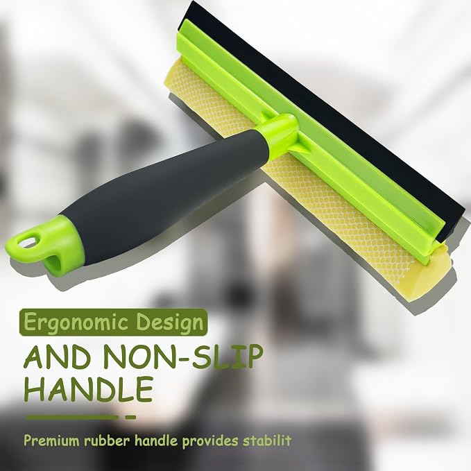 Shower Squeegee Window Squeegee Cleaner for Shower Doors Glass, 2 in 1 Window Cleaning Tool Window Scrubber Handheld Squeegee for Car Windshield with Sponge and Rubber Squeegee, Green