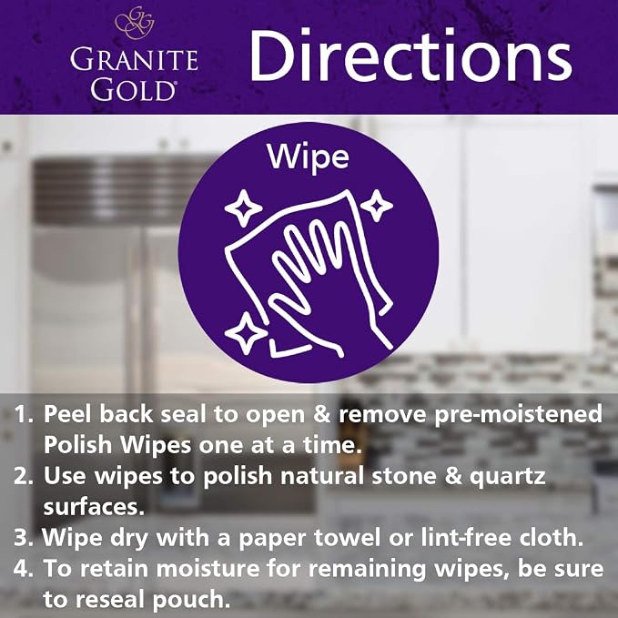 Granite Gold Polish Wipes Streak-Free Shine for Granite, Quartz, Marble, Travertine, Natural Stone Countertops, 18 Count, 1-Pack