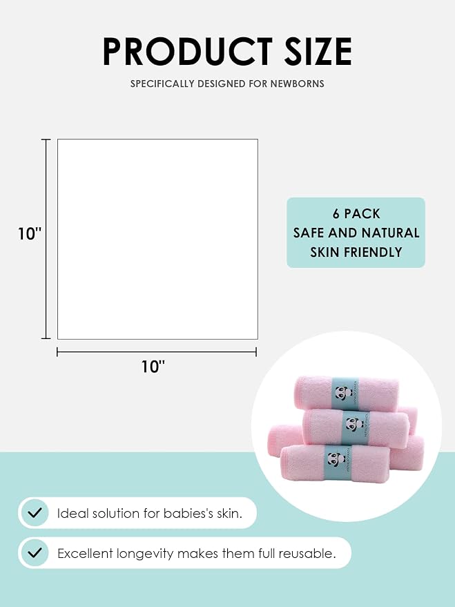 HIPHOP PANDA Baby Washcloths, Rayon Made from Bamboo - 2 Layer Ultra Soft Absorbent Newborn Bath Face Towel - Reusable Baby Wipes for Delicate Skin - Pink, 6 Pack