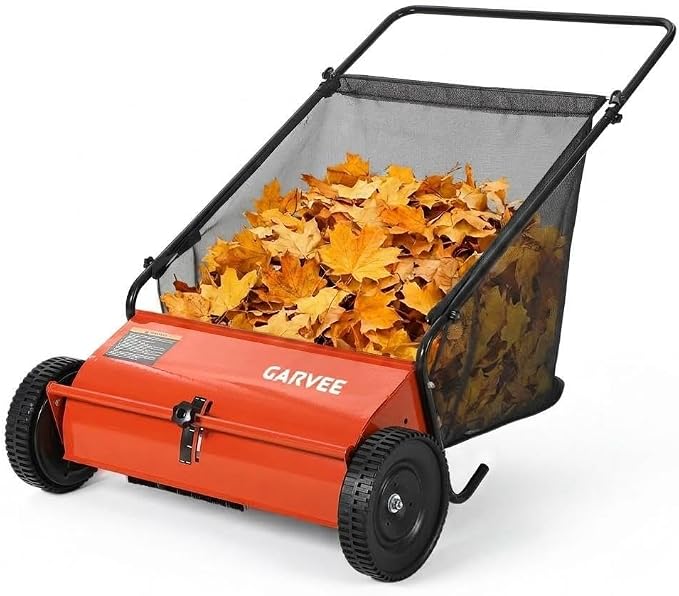 26 Inch Push Lawn Sweeper, Garden Lawn Sweeper Leaf and Grass Collector with 7 Cu.ft Mesh Bag, Adjustable Brush Height and 4 Spinning PP Brushes, Yard Sweeper for Leaves Grass Cleanup | with 7 Cu.ft Mesh Bag, Adjustable Brush Height and 4 Spinning PP B...