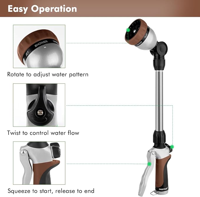 RESTMO Heavy Duty Metal Hose Wand, Watering Wand for Garden Hose | 180° Swivel Ratcheting Head, 16'' Hose Sprayer, 7 Spray Patterns, Flow Control, Ideal for Hanging Baskets & Shrubs, Brown