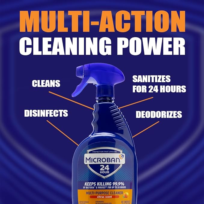 MICROBAN Multi-Purpose Cleaner, 32 oz., 2 Pack, Citrus, Penetrates Soap Scum, Greasy Soils and Reduces Odors, Keeps Killing 99.9% of Bacteria and Viruses for up to 24 Hours
