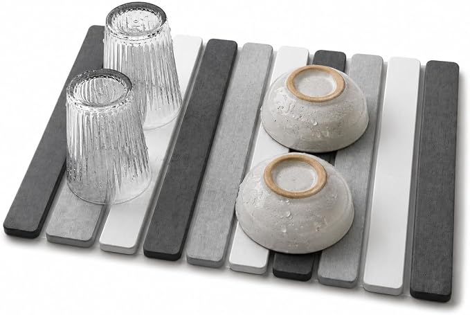 5 Pcs - Large Stone Dish Drying Mat for Kitchen Counter, Foldable Quick Dry Stone Dish Mat, Diatomaceous Earth Water Absorbing Pad 24"×16" & 2*8"x4" with 2 Coasters (Dark Grey + Light Grey + Grey)