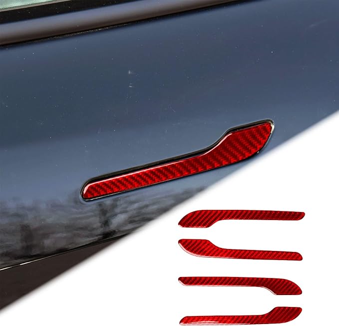 Red Real Carbon Fiber Trim for Tesla Accessories | for Model 3 2017-2022 / Model Y 2020-2024 Door Handle Decoration Panel Sticker Exterior Thick Overlay Decal