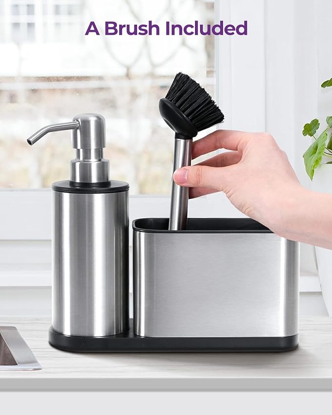 ODesign Kitchen Soap Dispenser Set - 3 in 1, Stainless Steel Dish Soap Dispenser with Sponge Holder, Dish Brush & Brush Holder, Kitchen Sink Caddy Organizer for Countertop - Rustproof, Non-Slip