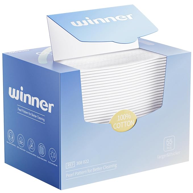 Winner Face Towels, 100% USDA Biobased Facial Towelettes XL, Disposable Face Towel for Sensitive Skin, Ultra Soft Makeup Remover Dry Wipes, Odor-Free, 55 Count, 1 Pack