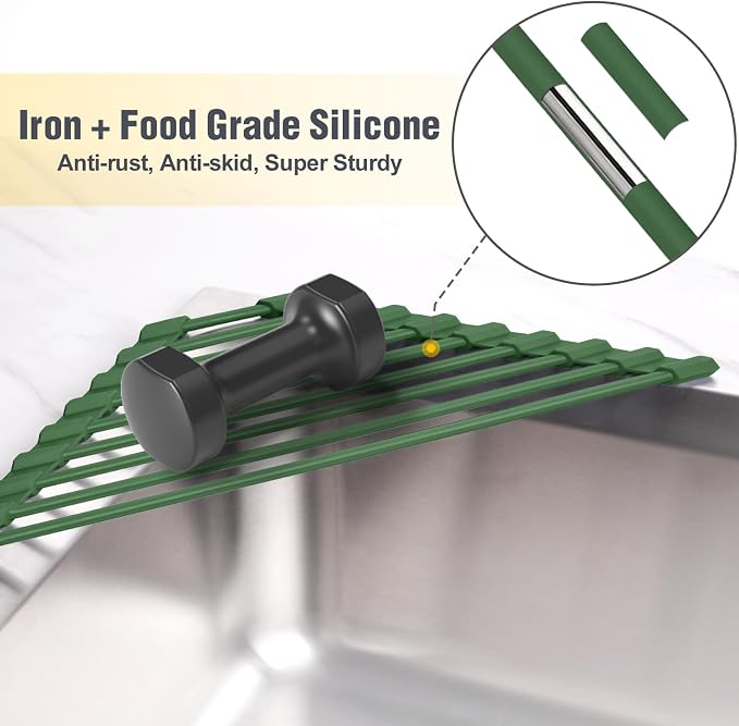 Tomorotec Compact Silicone-Coated Triangle Dish Drying Rack for Sink Corner - Foldable Stainless Steel Over-The-Sink Organizer and Storage Shelf (Army Green)