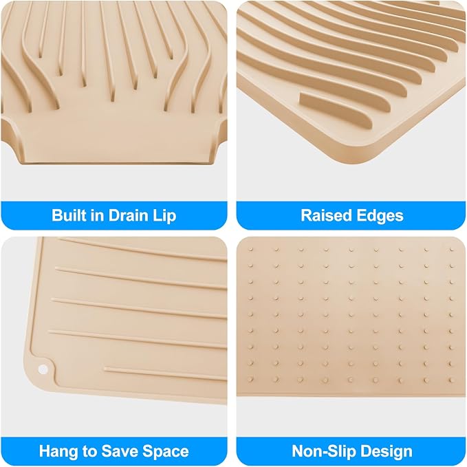 Silicone Dish Drying Mat for Kitchen Countertops and Sinks,19 x13.7 Inch Non Slip Heat Resistant Mat with Built In Drainage System,For Refrigerator and Drawer Liners (beige, 19 x13.7 Inch)