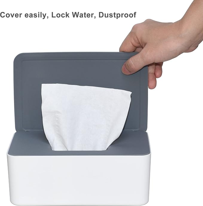 Diaper Wipes Dispenser, Tissue Storage Box Case (Gray-White) | Refillable Baby Wipe Container, Keeps Wipes Clean, Wet Wipe Dispenser Holder with Lid for Home, Office, Cars