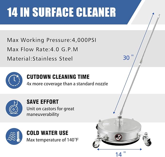 JANZ 14'' Pressure Washer Surface Cleaner | 4 Wheels, Stainless Steel Housing, 1/4'' Quick Plug, 2 Extension Wands, 2 Replacement Nozzles and 3 Spray Nozzles,4000 PSI