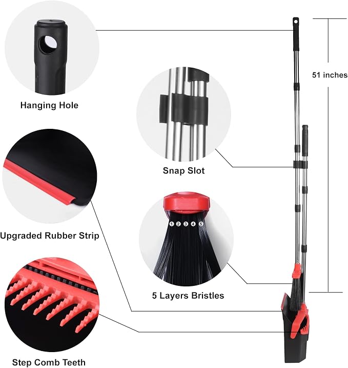 Broom and Dustpan Set for Home, 51" Long Handle Standing Dustpan Black Red | Self-Cleaning Dust Pan and Brooms, ZeroGap Lip, Upright Storage Broom Combo for Kitchen Lobby Office Restaurant Indoor
