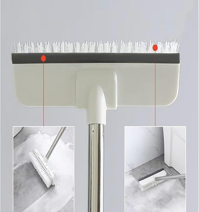Floor Scrub Brush with Long Handle 2 in 1 Scrape Brush Stiff Bristle Floor Scrubber with Squeegee Cleans Kitchen, Wall, Tile, Grout, Tub for Cleaning Patio Bathroom Garage Wall Deck