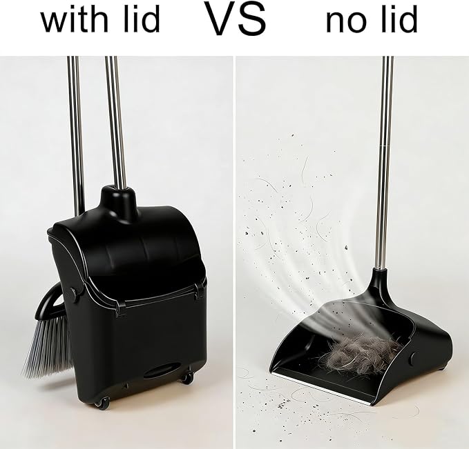 Long Handle Heavy Duty Broom and Dustpan Set, Outdoor and Commercial Upright Dustpan and Brush for Restaurant Garage Garden Yard Office,Black