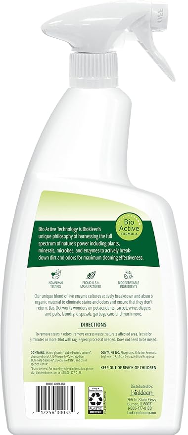Biokleen Bac-Out Enzyme Cleaner Spray and Stain & Odor Remover for Pet Stains, Laundry, Diapers, Wine, Carpets, & More, Eco-Friendly, Non-Toxic, Lime Scent, 32 Ounces