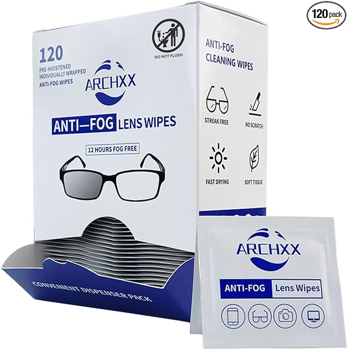 ARCHXX Anti Fog Wipes for Glasses, 120 Count,Pre-Moistened Cleaning Wipes, Lens Cleaner Wipe for Eyeglasses,Sunglasses,Goggles,Screen,Phone,Individually Wrapped Eye Glasses Cleaner