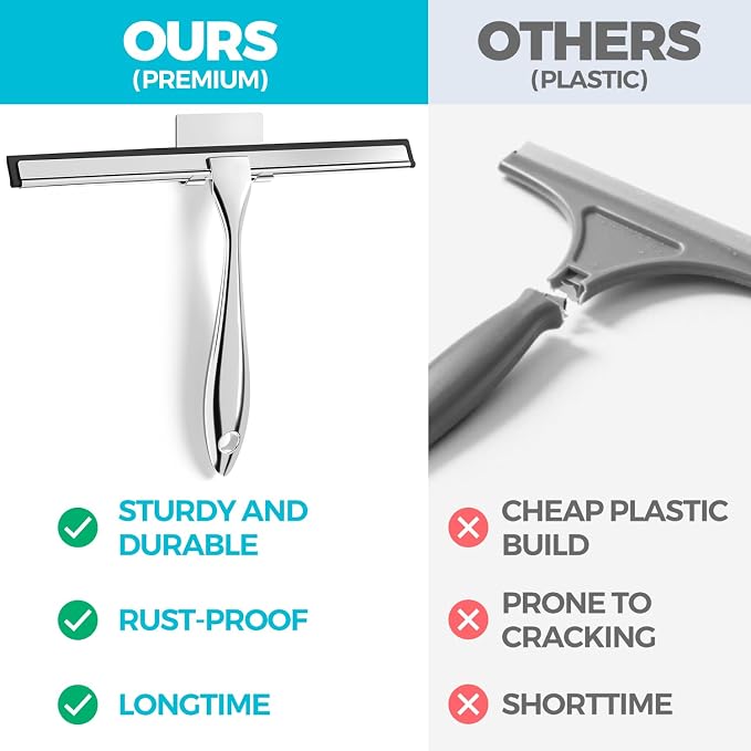 ALFLOD 2pcs Shower Squeegee for Glass Doors with Adhesive Hanging Hook Set | 12” silver, bathroom accessories, window cleaner, new home essentials, soft rubber blade, metal handle, ergonomic grip