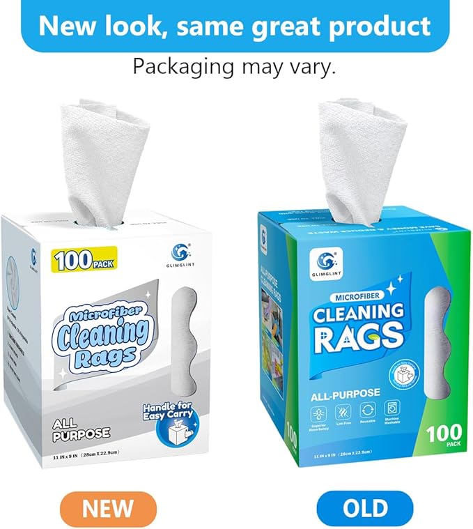 GLIMGLINT White Microfiber Cleaning Cloth, 100 Pack Cleaning Rags, Lint-Free, Ultra Absorbent Reusable Paper Towels for Home, Kitchen, Car, Garage or Shop, Dish Rags, 11" x 9"