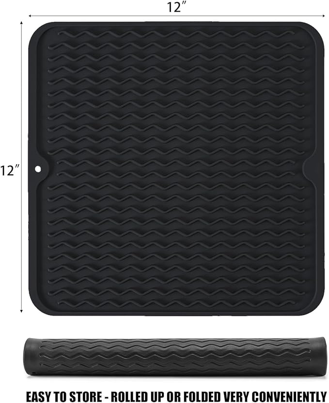 Silicone Dish Drying Mat, Non-Slip Easy Clean Sink Mat Large Heat-resistant Dish Drainer Mat for Kitchen Counter, Sink, Refrigerator or Drawer liner (12" x 12", BLACK)