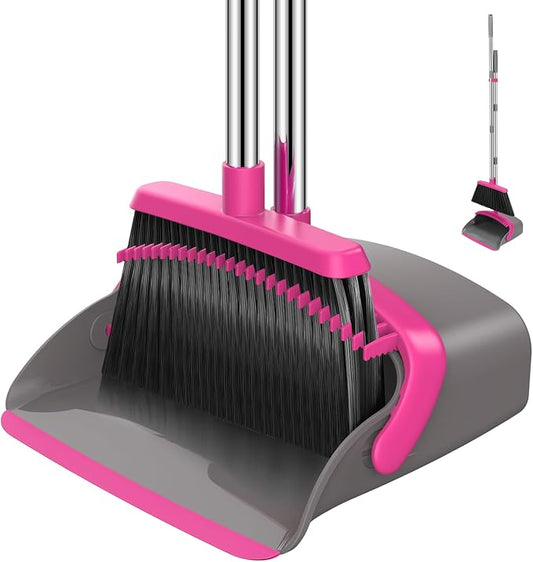 NACENA Broom and Dustpan Set with 52-in Long Adjustable Handle, Grey Rose | Broom Dustpan Combo with Dustpan Teeth to Automatically Clean Hair Suitable for Home Kitchen Office Hall Floor