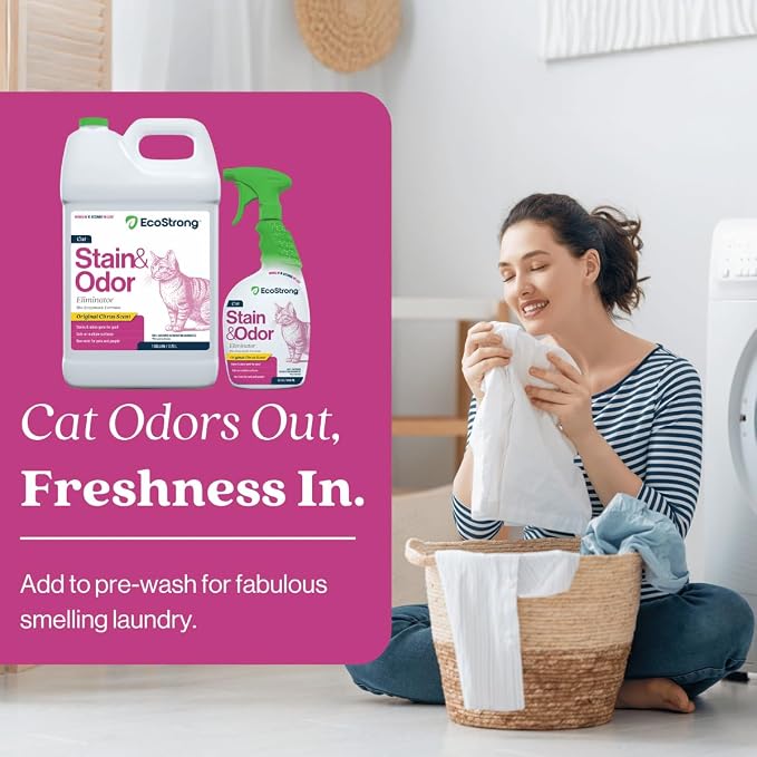 Eco Strong Cat Stain and Odor Remover| Enzyme Urine Odor Neutralizer - Stain Remover for Carpet, Litter Boxes, Bedding, and Laundry [160 Fl Oz Bundle]