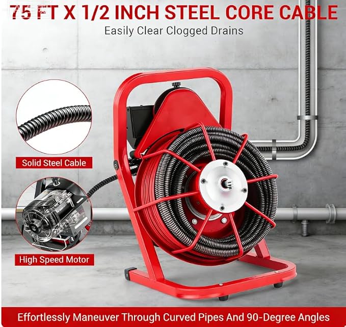 Garvee 75FT x 1/2 Inch Drain Cleaner Machine, 400W Portable Drain Cleaning Machine Snake with 6 Cutters & Foot Switch for 1" to 4" Pipes, Heavy Duty Sewer Auger for Sinks, Toilets, Showers
