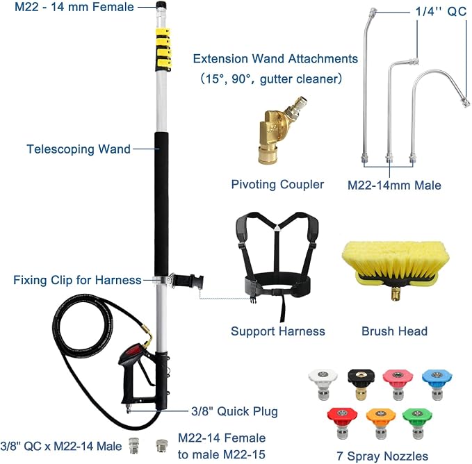 JANZ 24 FT Pressure Washer Telescoping Wand with 3 Extension Wands | Gutter Cleaner Attachment, 7 Spray Nozzle Tips, 2 Hose Inlet Adapters, Pivoting Coupler and Support Harness