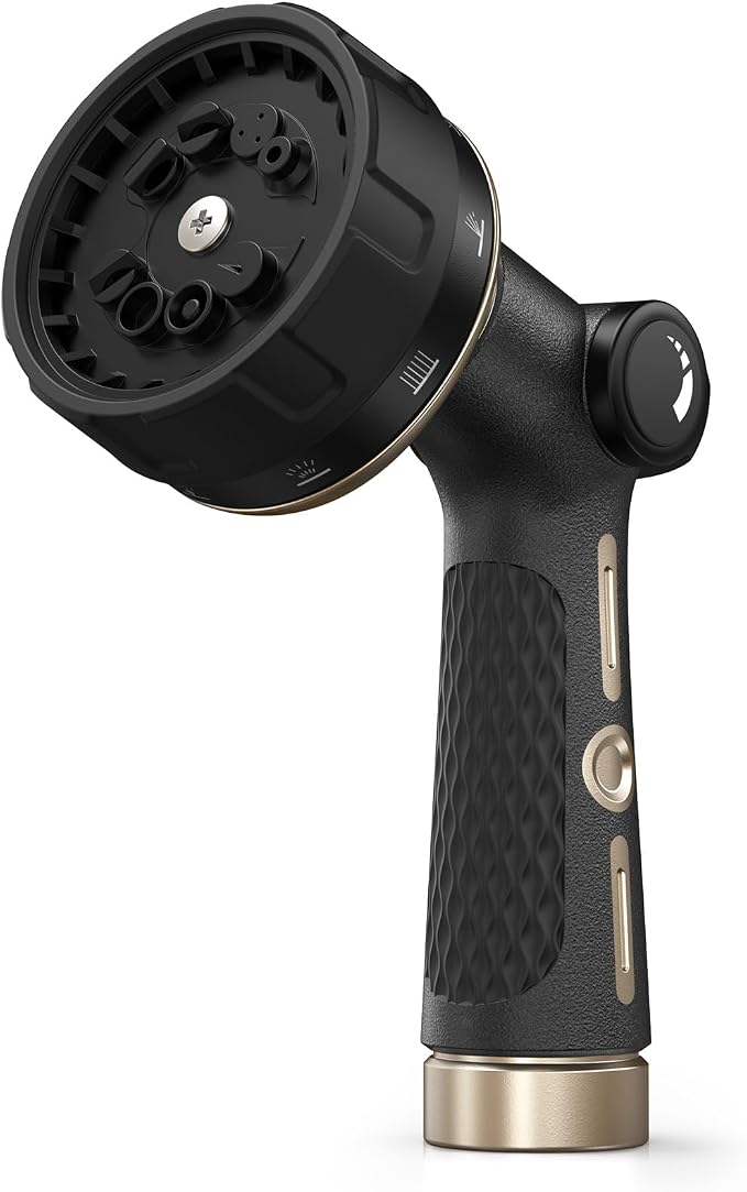 RAINPOINT Garden Hose Nozzle Heavy Duty - 100% Metal Thumb Control Spray Nozzles for Garden Hose High Pressure, 10 Patterns Water Hose Nozzle for Car Wash, Watering Lawn and Pets, Black