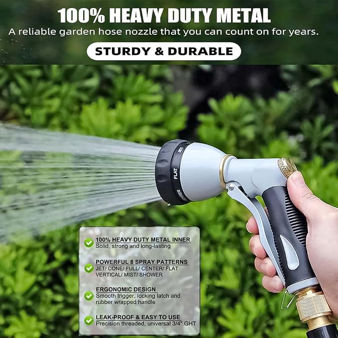 Metal Garden Hose Nozzle Heavy Duty, High Pressure with 8 Patterns | Water Hose Sprayer Nozzle, Non-Slip Grip Hose Sprayer Outdoor for Watering Plants & Lawns, Washing Cars & Pets