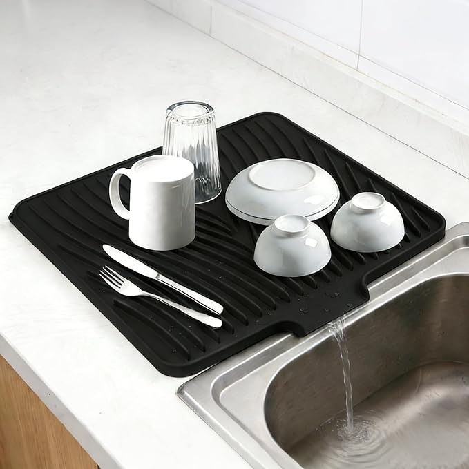Silicone Drying Mat, 16"X13" With Built-in Drain Lip,Heat-Resistant,Eco-friendly,Hygienic Drying Pad,Leak-Proof and Non-Slip,Silicone Dish Drying Mat for Kitchen Counter or Sink（Black 16X13）