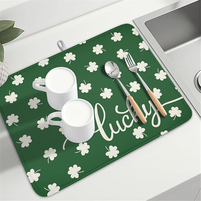 St Patricks Day Lucky Clover Dish Drying Mats for Kitchen Counter Green White Shamrock Dish Drying Pad St Patrick Microfiber Absorbent Reusable Washable Large Dishes Drying Mat 18x24 Inch