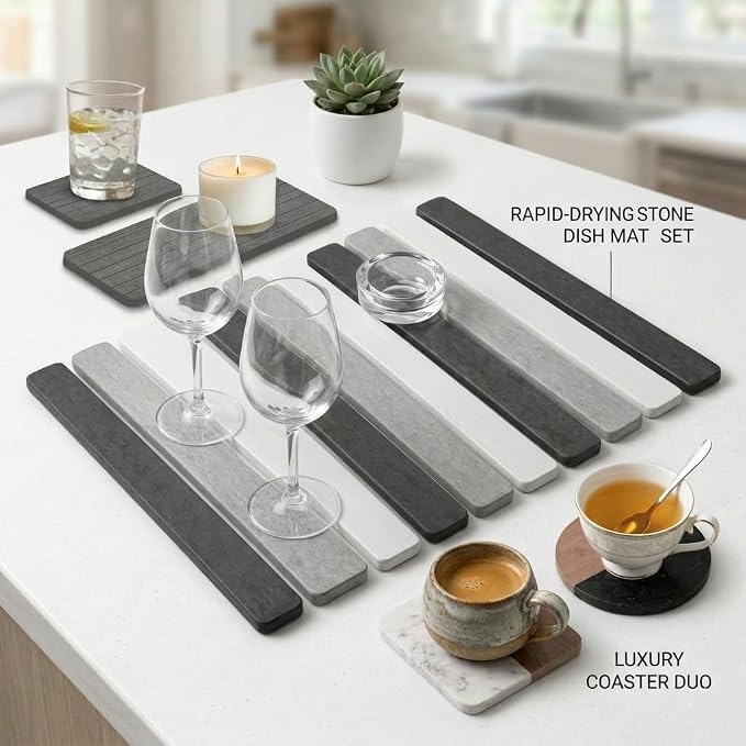 5 Pcs - Large Stone Dish Drying Mat for Kitchen Counter, Foldable Quick Dry Stone Dish Mat, Diatomaceous Earth Water Absorbing Pad 24"×16" & 2*8"x4" with 2 Coasters (Dark Grey + Light Grey + Grey)