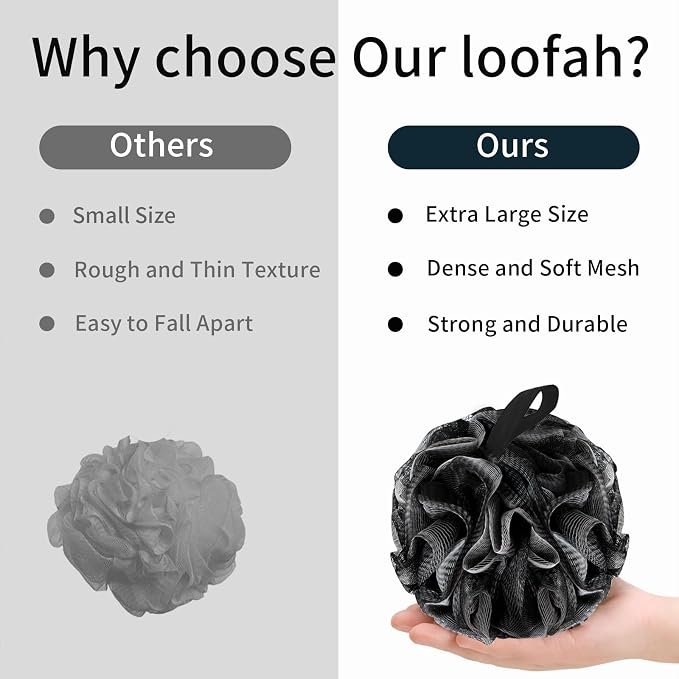 BCKENEY Bath Loofah Shower Sponge Body Back Scrubber Soft Mesh Shower Puffs Exfoliating Loofa for Women & Men Bath Accessories Cleaning Tool (4Pack 60G Black, Charcoal Black)