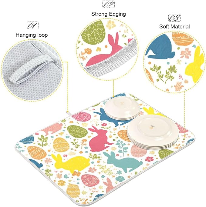 Flowers Eggs Bunny Easter Dish Drying Mat 18 X 24 Inches Spring Rose Leaves Peeps Rabbits Dry Dishes Pads Mats for Kitchen Tableware Protector Countertops Counter Home Decorations