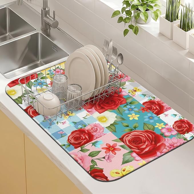 Kitchen Countertop Dish Drying Mat,Super Absorbent Coffee Bar Mat for Maker Espresso Machine, Anti-Slip Accessories for Kitchen Countertops 19x12 Inch