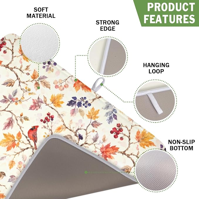 Fall Dish Drying Mat for Kitchen Counter Autumn Harvest Watercolor Maple Leaves Birds Dish Drainer Mat Rustic Farmhouse Absorbent Washable Drying Pad 16"x18"