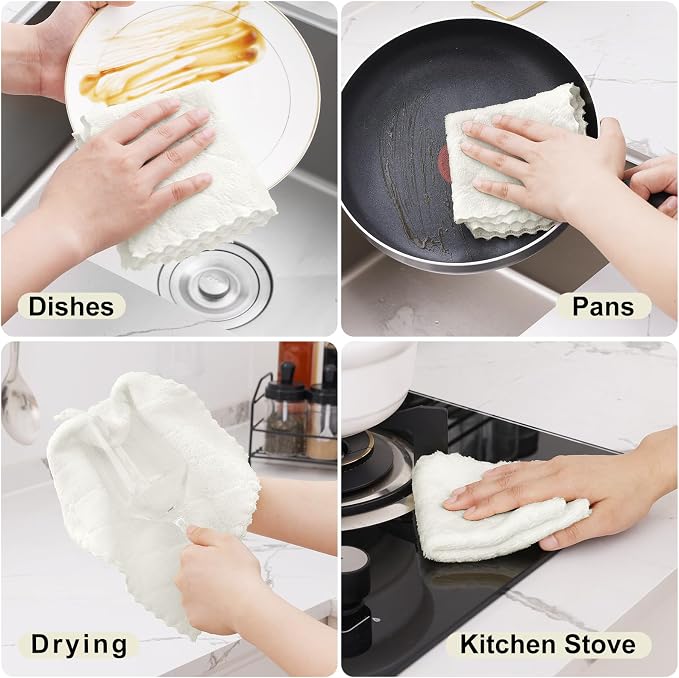 Homaxy 12 Pack Kitchen Dish Cloths (10 x 10 Inches, White), Super Soft and Absorbent Coral Velvet Dish Towels, Nonstick Oil Fast Drying Microfiber Cleaning Cloth, No Lint Household Dishcloths