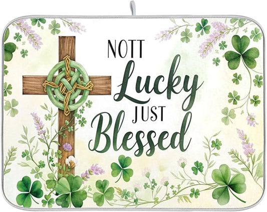 St.Patrick Days Dish Drying Mat for Kitchen Countertop 18x24 Green Shamrock Blessed Cross Large Drying Mat Reusable Quick Dry Dish Sink Mats Easy Clean Decorative Essentials