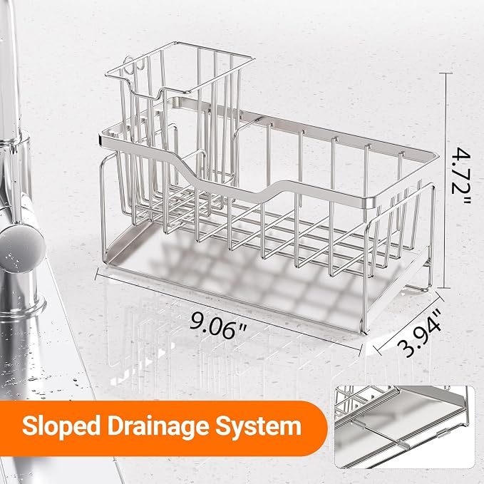 StorageRight Kitchen Sink Caddy Organizer, Rustproof Sponge Holder for Kitchen Sink, Instant Dry High Brush Holders with Drain Tray, Anti-Slip Sink Storage Organization Essentials, Silver