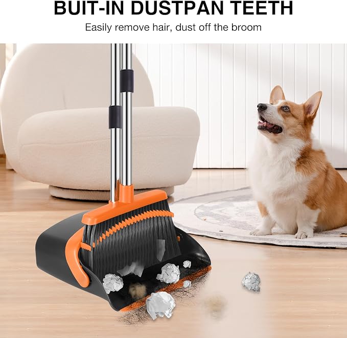 NACENA Broom and Dustpan Set with 52-in Long Adjustable Handle,Black Orange | Broom Dustpan Combo with Dustpan Teeth to Automatically Clean Hair Suitable for Home Kitchen Office Hall Floor