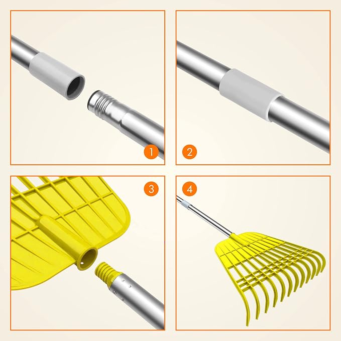 Gardzen 12 Tines Gardening Leaf Rake | Lightweight Steel Handle, Detachable, Ideal Camp Rake, Comes with Dustpan-Type Garden Bag - Yellow