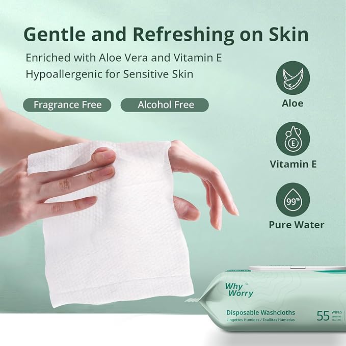 WhyWorry Extra Large Wet Wipes for Adults, 8" x 12", Unscented, 660 Count | Body Cleansing Wipes for Elderly & Incontinence, Extra Thick Disposable Washcloths with Aloe & Vitamin E, Rinse Free
