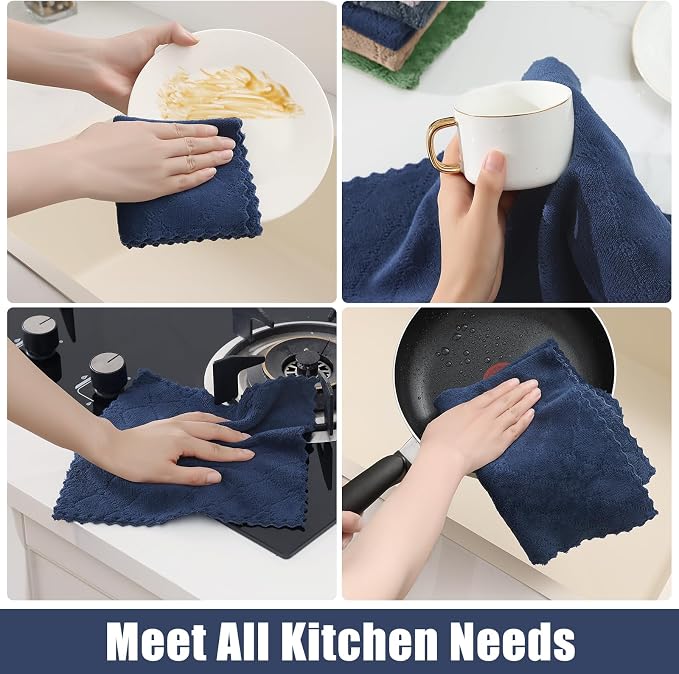 Homaxy Kitchen Towels and Dishcloths Set, 10 x 10 and 13 x 19 Inches, Set of 12 Super Soft and Absorbent Coral Velvet Kitchen Towels, No Lint and Nonstick Oil Fast Drying Dish Towel, Navy Blue