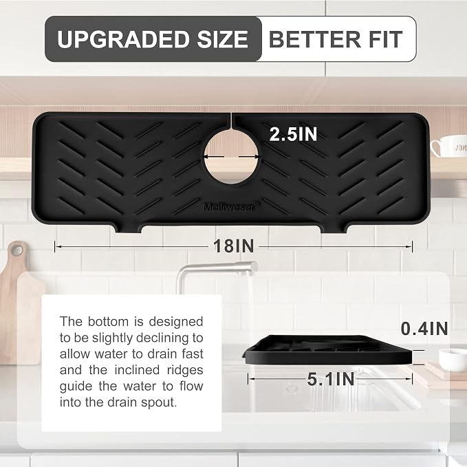 Silicone Faucet Mat for Kitchen Sink – Gen 2 Splash Guard with Upgraded Outlet & Slope – 18” x 5.1” Water Catcher & Sink Sponge Holder for Kitchen and Bathroom (Black)