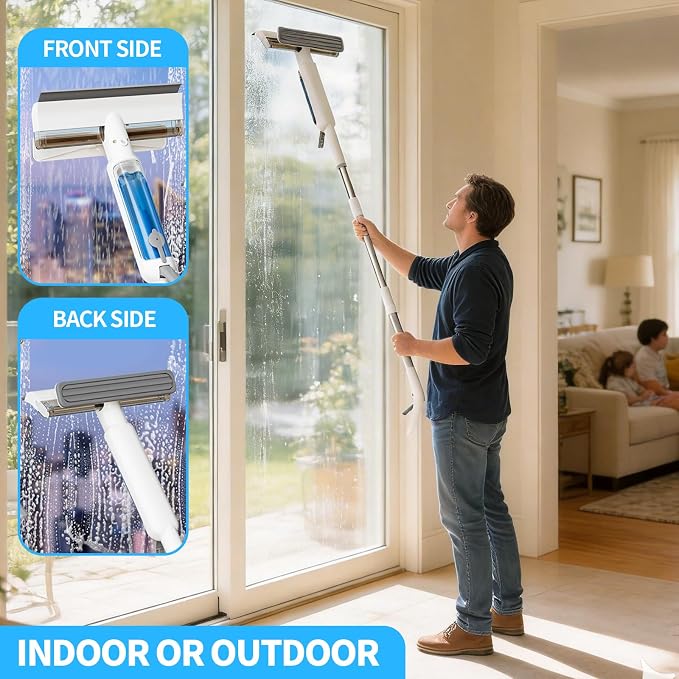 4-in-1 Window Squeegee with Extension Pole and Remote Control Spray, 74" Extendable Window Cleaner Tool, Window Cleaning Kit for Indoor Outdoor High Window, Car Glass & Shower Door