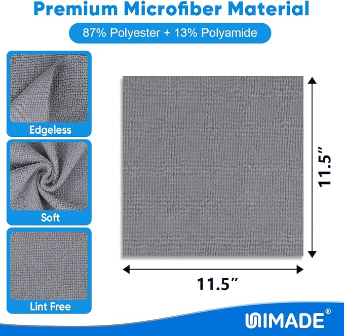 UNIMADE Microfiber Cleaning Cloth, 50 Pack Microfiber Towels for Cars Reusable Shop Rags Bulk Lint Free Cleaning Towels for Car Kitchen Automotive Bar Mechanic Restaurant Garage, 11.5"x 11.5", Grey