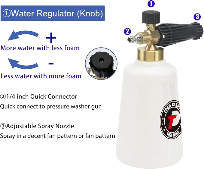 Tool Daily Pressure Washer Foam Cannon, Additional Orifice Nozzle 1.1mm | Adjustable Snow Foam Lance for Car Wash, 1/4 Inch Quick Connect, 1.5 Liter