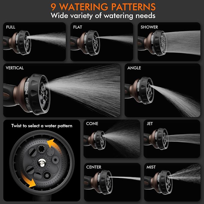 RESTMO Hose Nozzle Heavy Duty, Metal Water Hose Sprayer for Garden | 9 Spray Patterns, Leak Proof, Thumb Flow Control, On/Off Valve, Ideal for Outdoor Lawn & Plant, Car & Pet, Brown