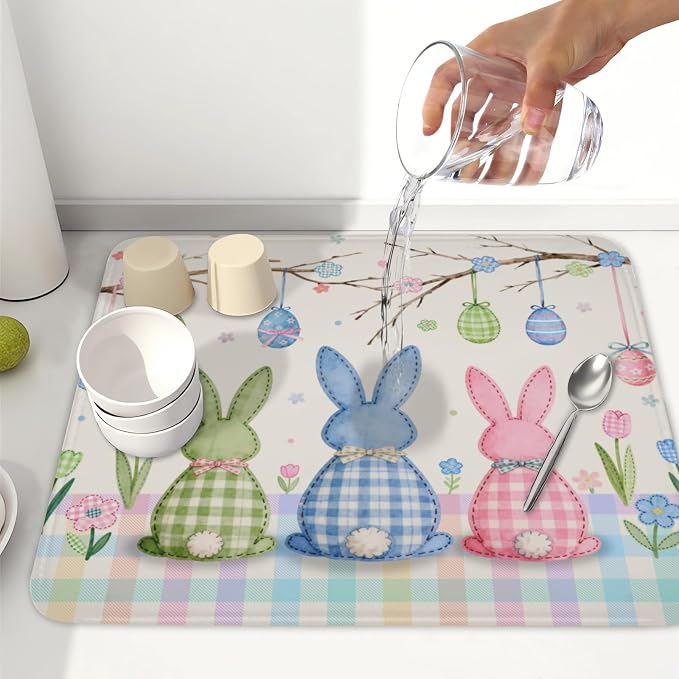 Easter Bunny Dish Drying Mat for Kitchen Counter 16 x 18 Inch Rabbit Eggs Dish Drainer Mat Absorbent Microfiber Dish Rack Pad for Spring Holiday Coffee Dining Bar Decor