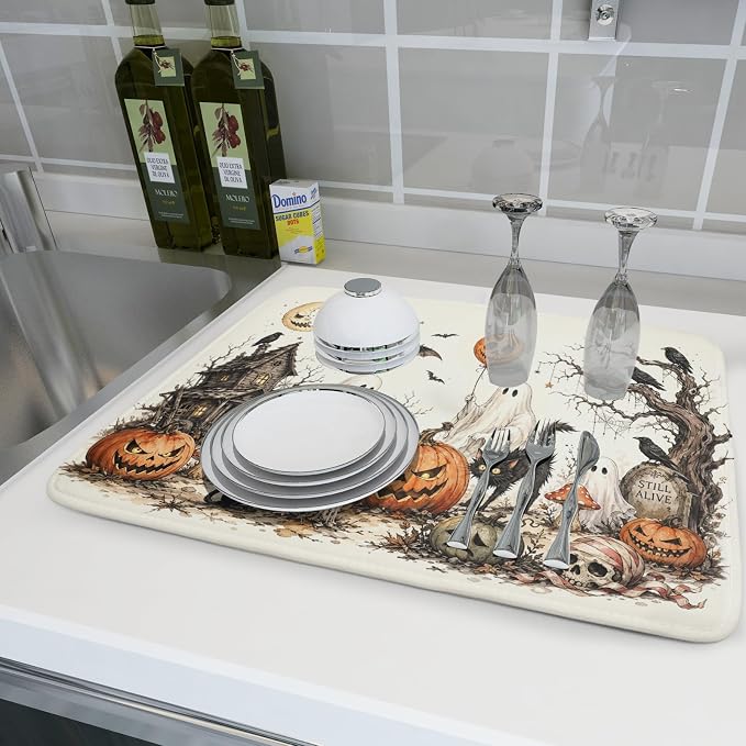 Giwawa Halloween Pumpkin Ghost Dish Drying Mat Black Cat Microfiber Dishes Pad 18x24 Inch Holiday Dish Drainer Rack Mats for Kitchen Counter Sink